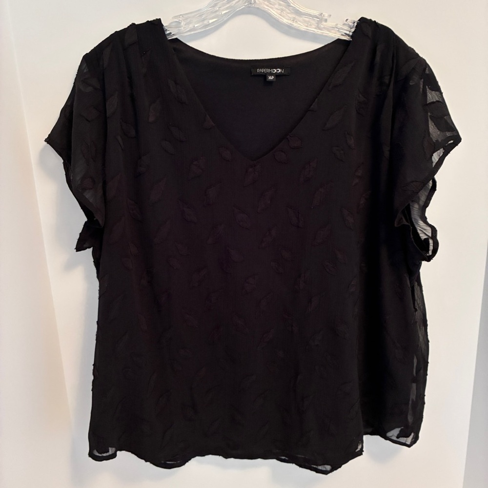 Papermoon Women's Short Sleeve Sheer Overlay Leaf Design Top Black Size XLP